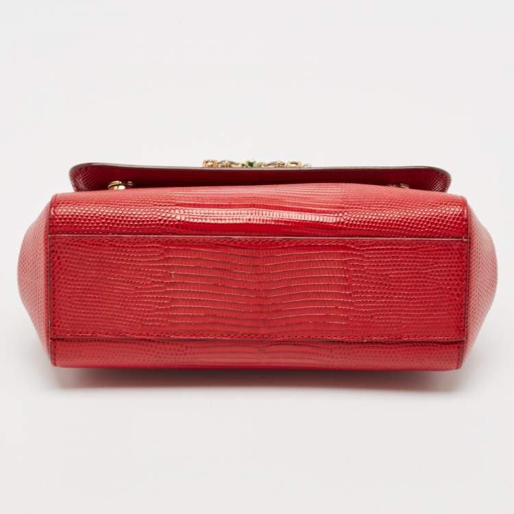 مملوكة مسبقًا Dolce & Gabbana Red Lizard Embossed Leather Small Crystals DG Miss Sicily Bag