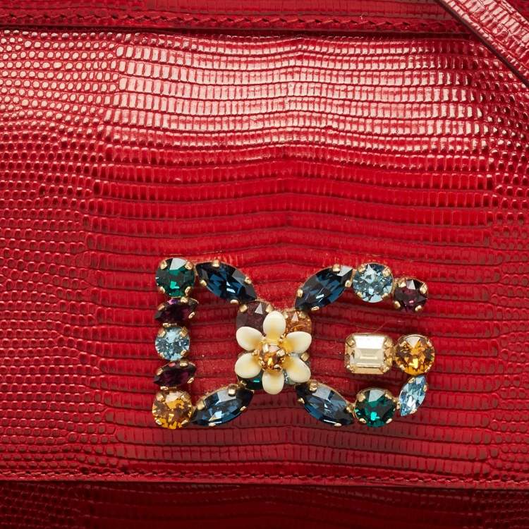 مملوكة مسبقًا Dolce & Gabbana Red Lizard Embossed Leather Small Crystals DG Miss Sicily Bag