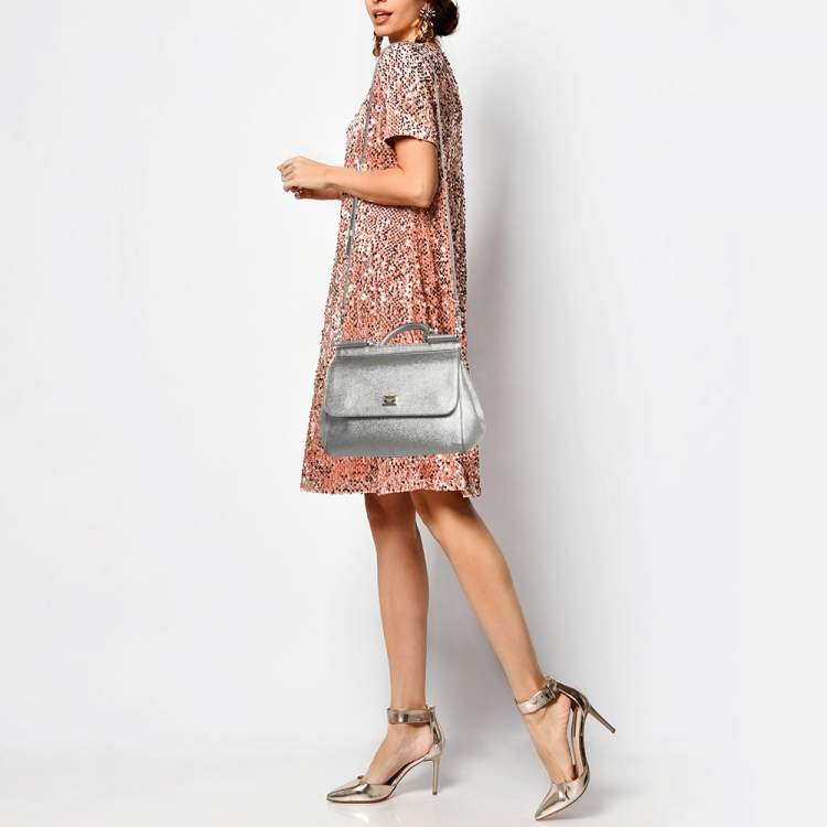 Pre Owned Dolce & Gabbana Silver Leather Medium Miss Sicily Top Handle Bag
