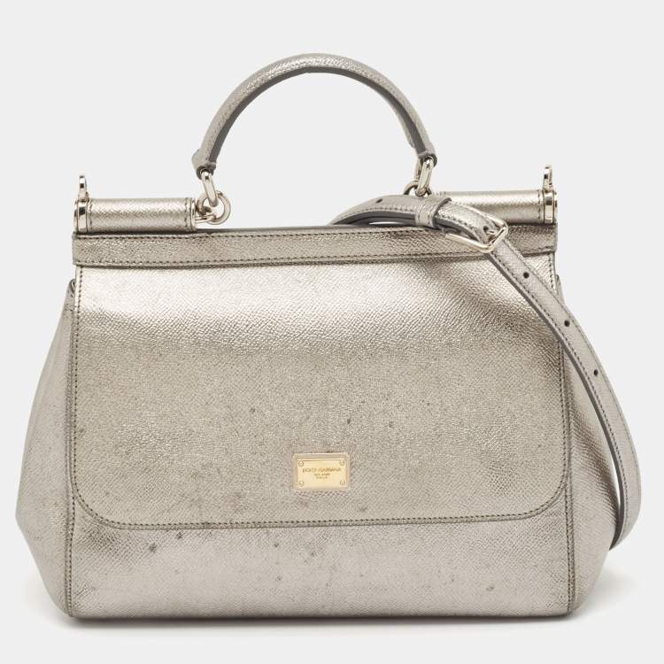 Pre Owned Dolce & Gabbana Silver Leather Medium Miss Sicily Top Handle Bag