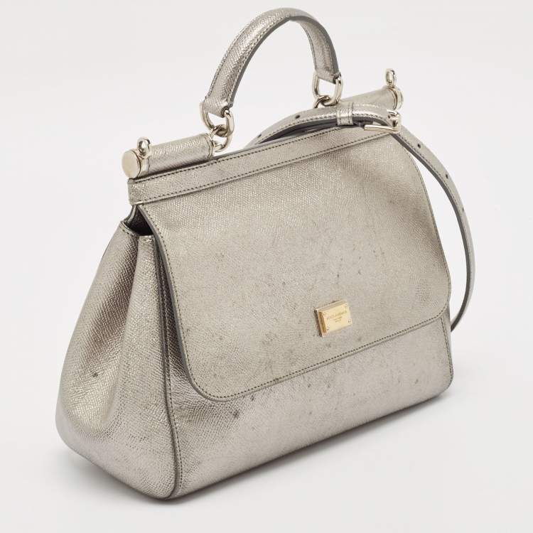 Pre Owned Dolce & Gabbana Silver Leather Medium Miss Sicily Top Handle Bag