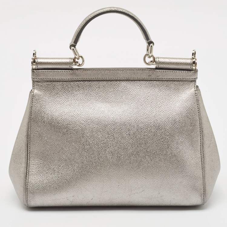 Pre Owned Dolce & Gabbana Silver Leather Medium Miss Sicily Top Handle Bag