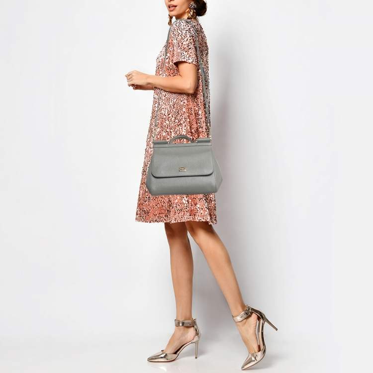 Pre Owned Dolce & Gabbana Grey Leather Medium Miss Sicily Top Handle Bag