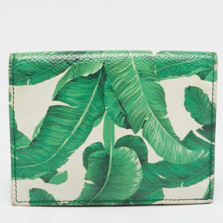 Pre Owned Dolce & Gabbana Green/White Leather Banana Leaf Printed Card Case