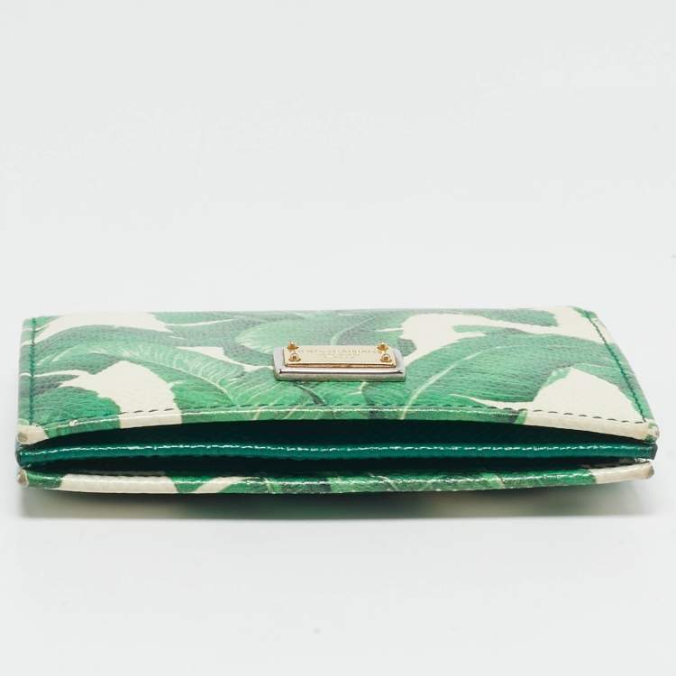 Pre Owned Dolce & Gabbana Green/White Leather Banana Leaf Printed Card Case