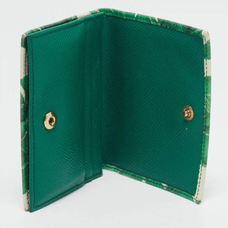 Pre Owned Dolce & Gabbana Green/White Leather Banana Leaf Printed Card Case