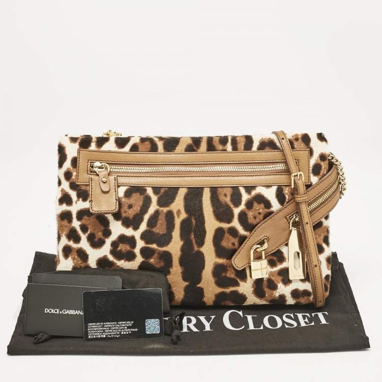 Pre Owned Dolce & Gabbana Brown Leopard Print Calfhair and Leather Clutch Bag