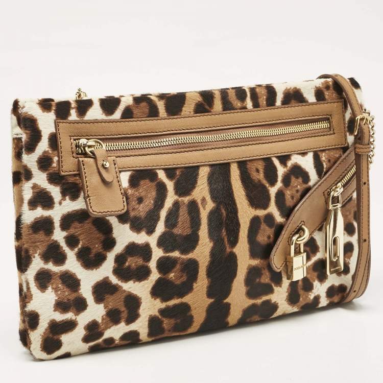 Pre Owned Dolce & Gabbana Brown Leopard Print Calfhair and Leather Clutch Bag