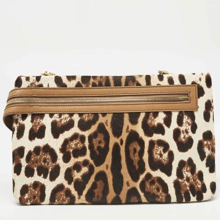 Pre Owned Dolce & Gabbana Brown Leopard Print Calfhair and Leather Clutch Bag