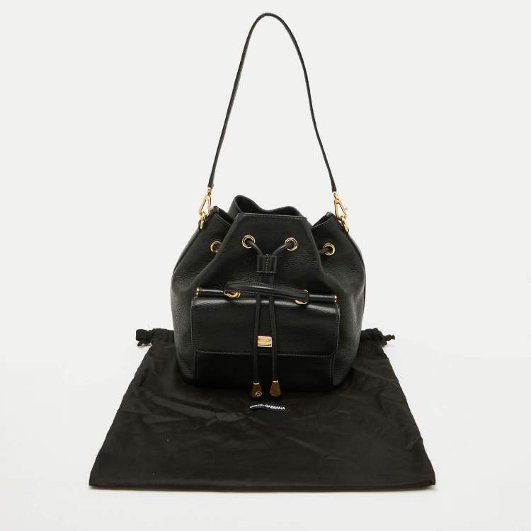 Pre Owned Dolce & Gabbana Black Leather Drawstring Bucket Bag