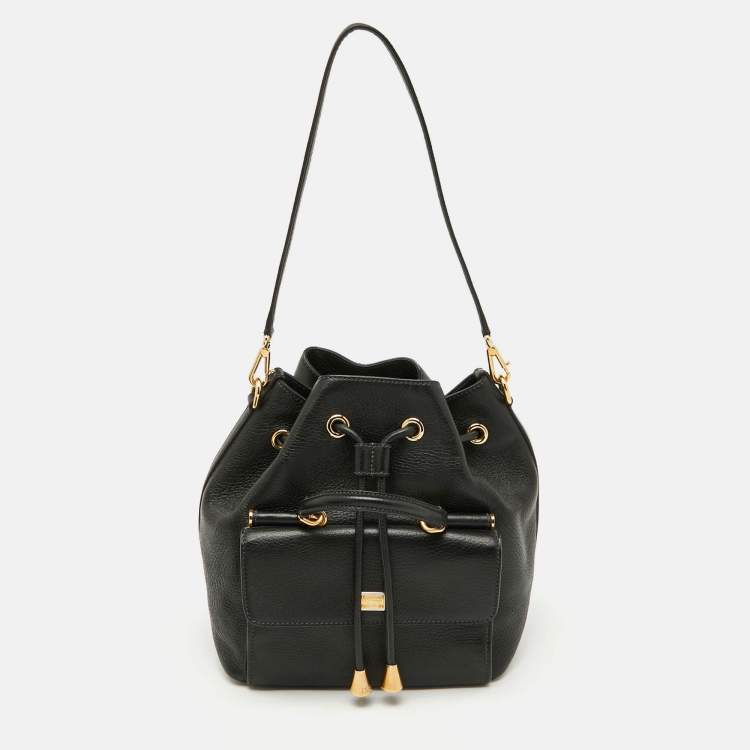 Pre Owned Dolce & Gabbana Black Leather Drawstring Bucket Bag