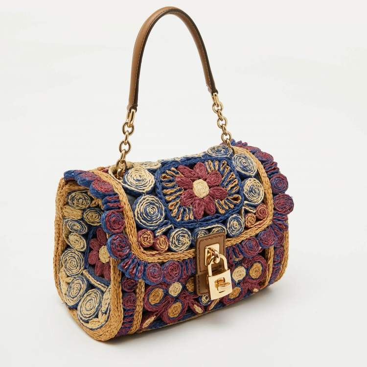 Pre Owned Dolce & Gabbana Multicolor Floral Raffia Miss Dolce Top Handle Bag