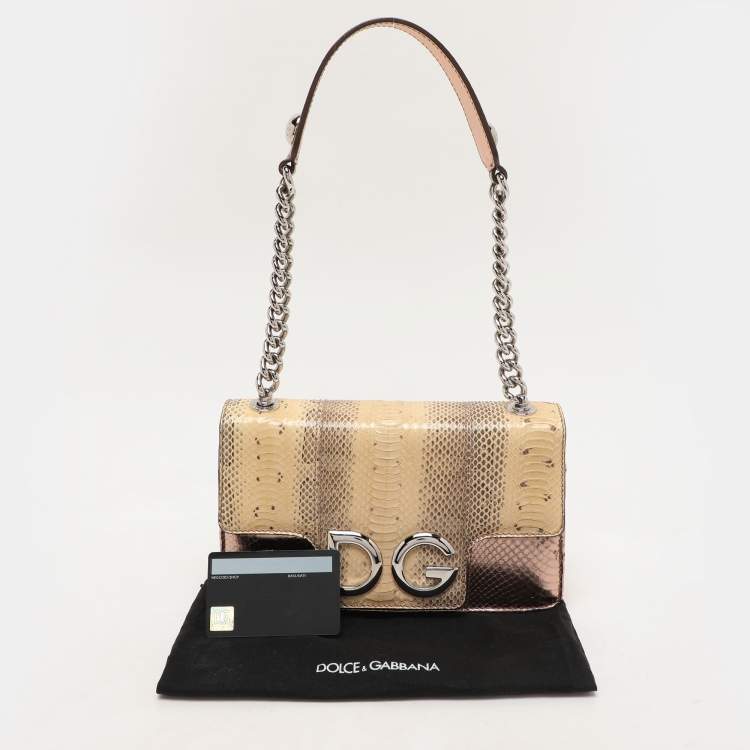 Pre Owned Dolce & Gabbana Beige/Rose Gold Leather and Snakeskin Leather DG Shoulder Bag