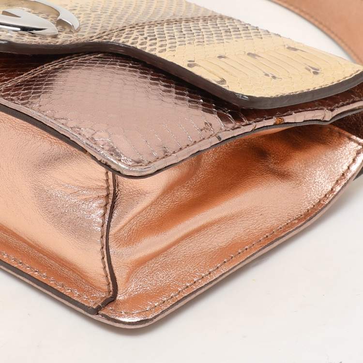 Pre Owned Dolce & Gabbana Beige/Rose Gold Leather and Snakeskin Leather DG Shoulder Bag