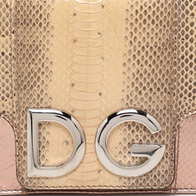 Pre Owned Dolce & Gabbana Beige/Rose Gold Leather and Snakeskin Leather DG Shoulder Bag
