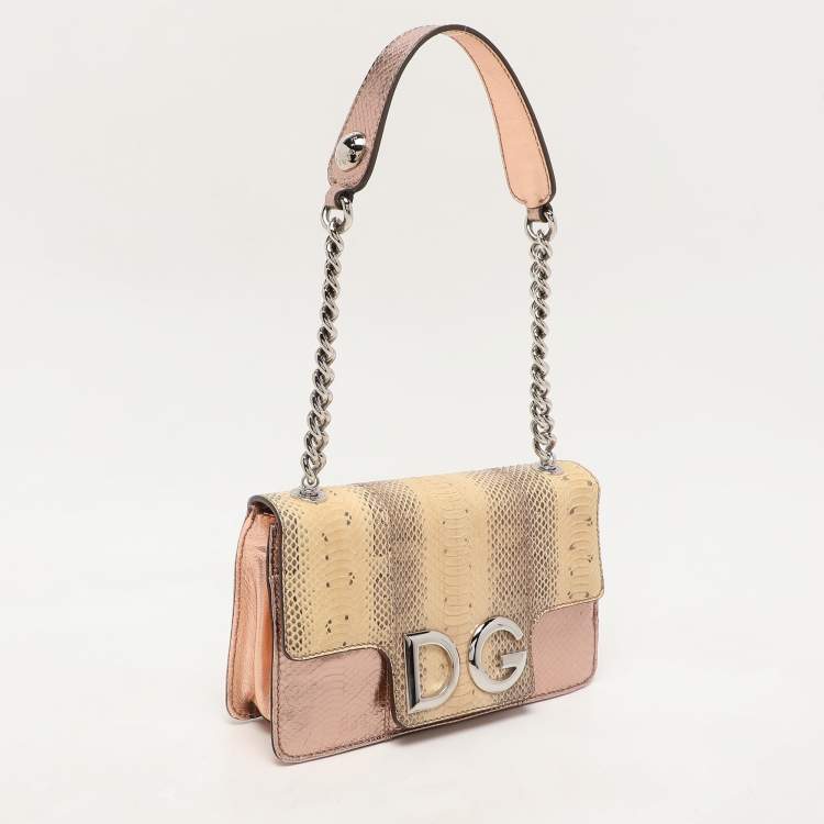 Pre Owned Dolce & Gabbana Beige/Rose Gold Leather and Snakeskin Leather DG Shoulder Bag