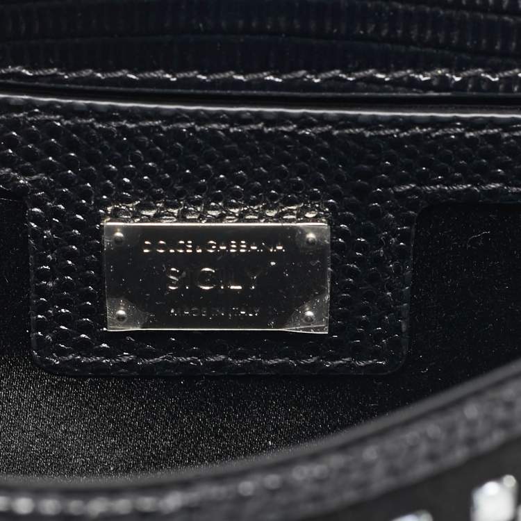 Pre Owned Dolce & Gabbana Black Satin and Leather Mini Crystals Sicily Top Handle Bag