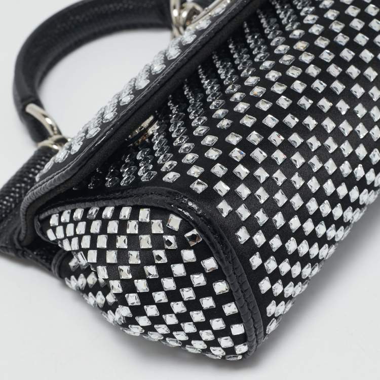 Pre Owned Dolce & Gabbana Black Satin and Leather Mini Crystals Sicily Top Handle Bag