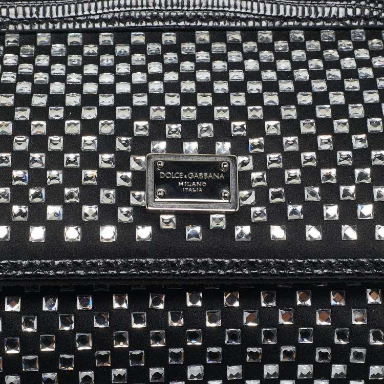 Pre Owned Dolce & Gabbana Black Satin and Leather Mini Crystals Sicily Top Handle Bag