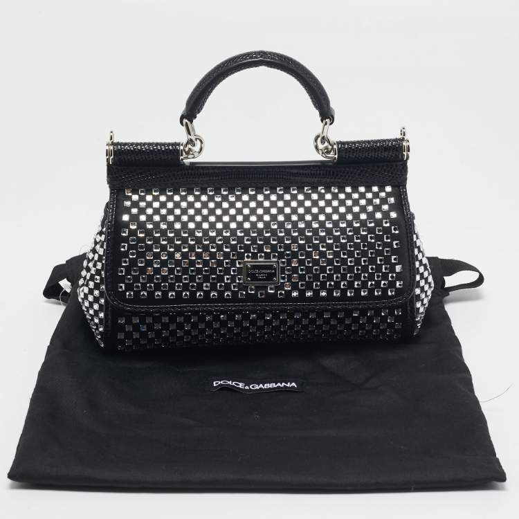 Pre Owned Dolce & Gabbana Black Satin and Leather Mini Crystals Sicily Top Handle Bag