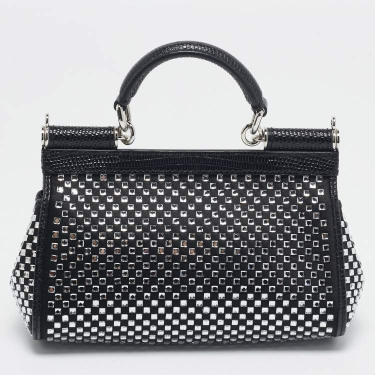 Pre Owned Dolce & Gabbana Black Satin and Leather Mini Crystals Sicily Top Handle Bag