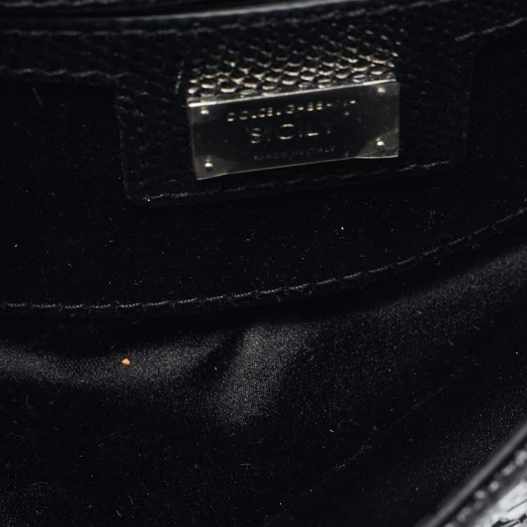 Pre Owned Dolce & Gabbana Black Satin and Leather Mini Crystals Sicily Top Handle Bag