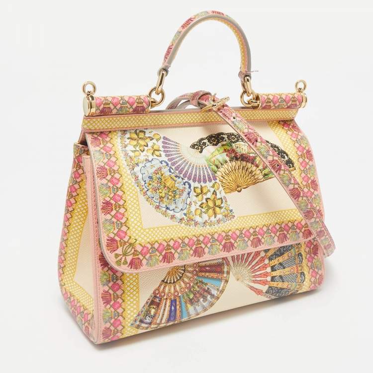 Pre Owned Dolce & Gabbana Multicolor Fan Foulard Print Leather Medium Miss Sicily Top Handle Bag