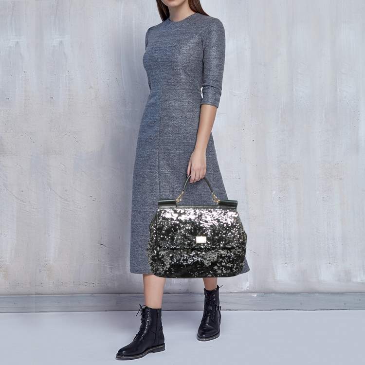 Pre Owned Dolce & Gabbana Black/Silver Sequins Large Miss Sicily Top Handle Bag