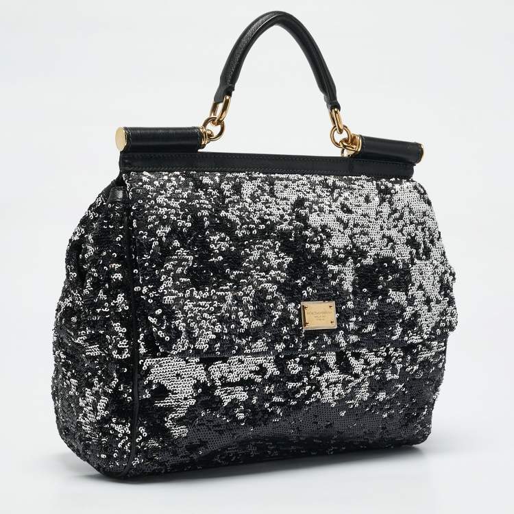Pre Owned Dolce & Gabbana Black/Silver Sequins Large Miss Sicily Top Handle Bag