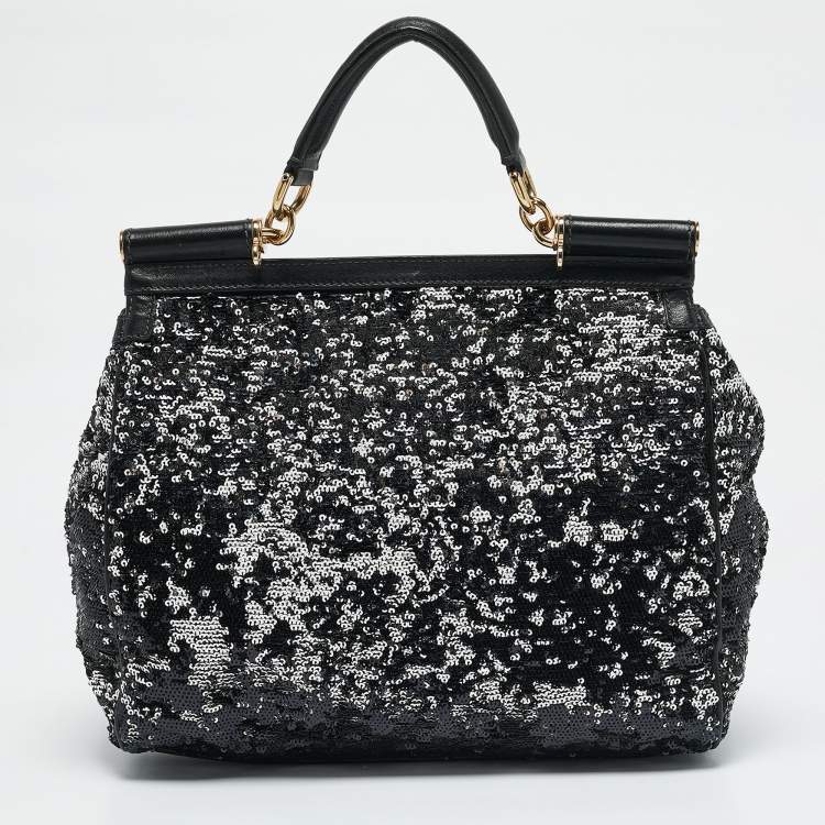 Pre Owned Dolce & Gabbana Black/Silver Sequins Large Miss Sicily Top Handle Bag