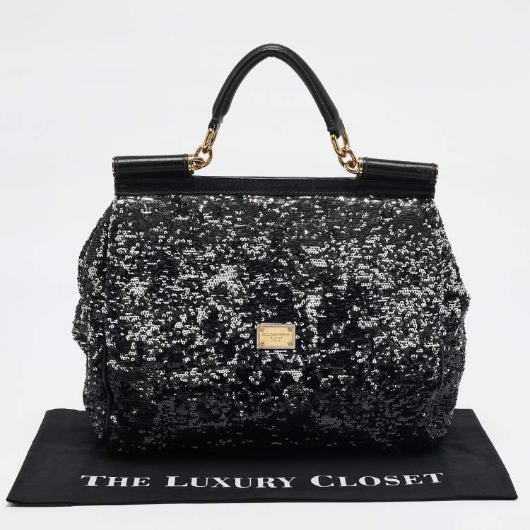 Pre Owned Dolce & Gabbana Black/Silver Sequins Large Miss Sicily Top Handle Bag