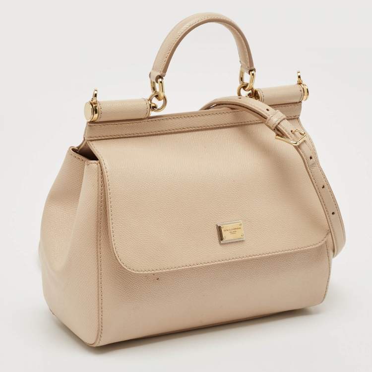 Pre Owned Dolce & Gabbana Light Beige Leather Medium Miss Sicily Top Handle Bag