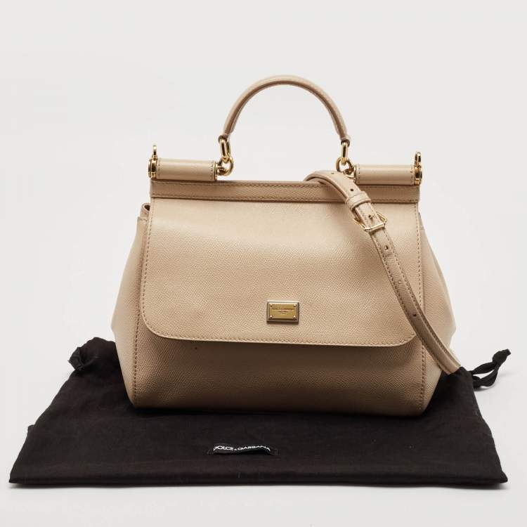 Pre Owned Dolce & Gabbana Light Beige Leather Medium Miss Sicily Top Handle Bag