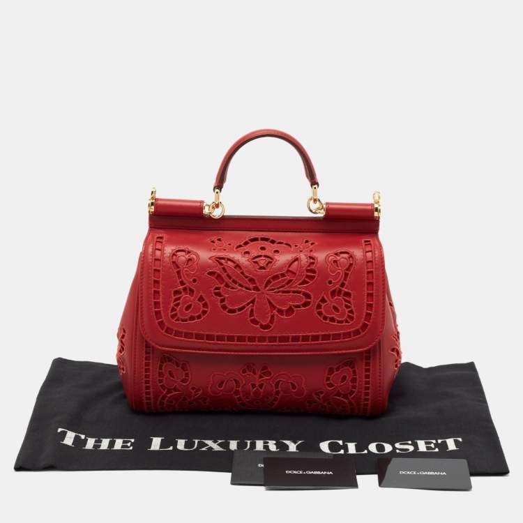 Pre Owned Dolce & Gabbana Red Laser Cut Leather Medium Miss Sicily Top Handle Bag