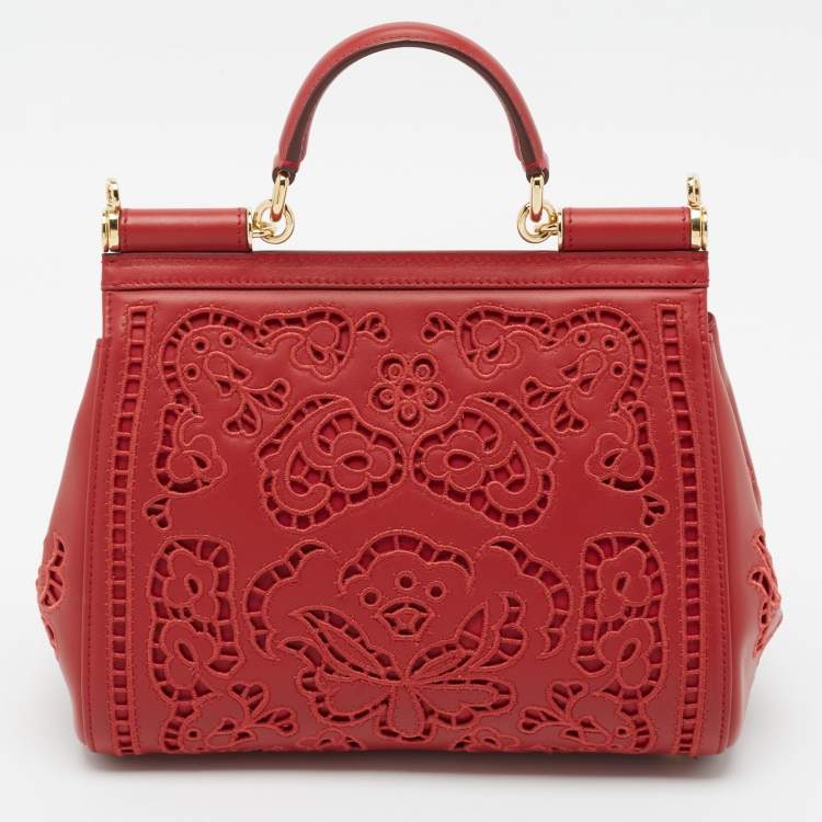 Pre Owned Dolce & Gabbana Red Laser Cut Leather Medium Miss Sicily Top Handle Bag