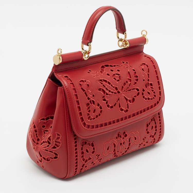 Pre Owned Dolce & Gabbana Red Laser Cut Leather Medium Miss Sicily Top Handle Bag