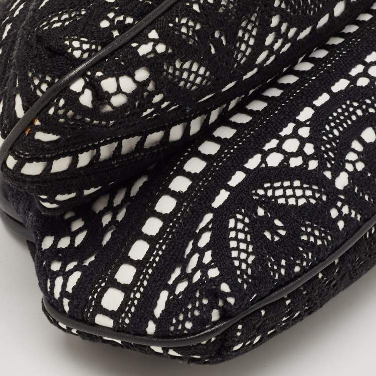 Pre Owned Dolce & Gabbana Black/White Leather and Lace Kiss Lock Chain Clutch