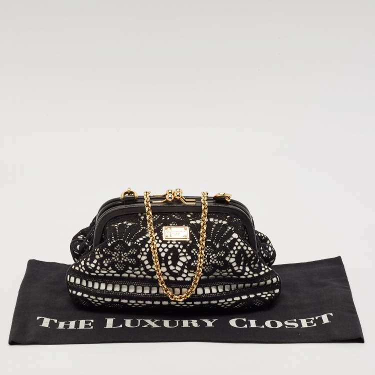 Pre Owned Dolce & Gabbana Black/White Leather and Lace Kiss Lock Chain Clutch
