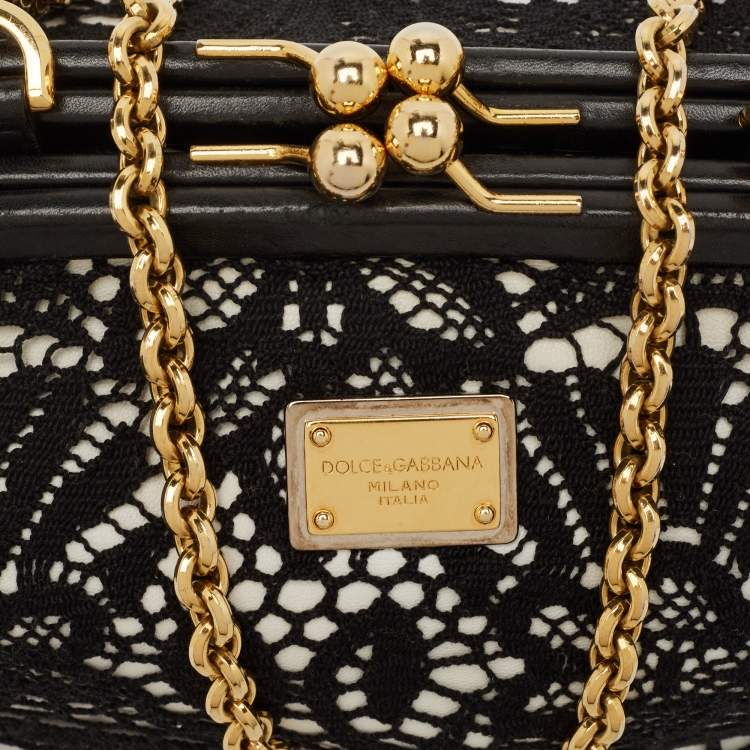 Pre Owned Dolce & Gabbana Black/White Leather and Lace Kiss Lock Chain Clutch