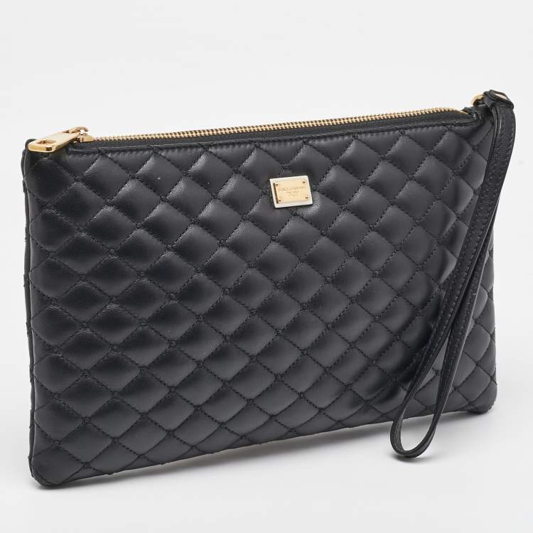 Pre Owned Dolce & Gabbana Black Quilted Leather Zip Wristlet Clutch