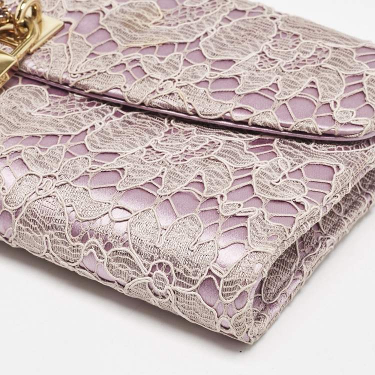 Pre Owned Dolce & Gabbana Pink Lace and Satin Padlock Chain Clutch