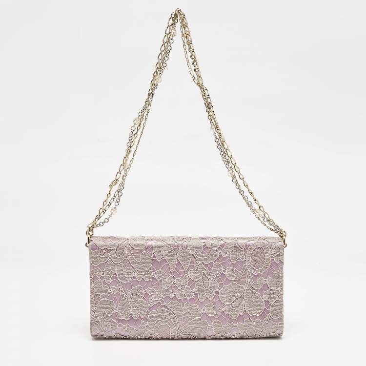 Pre Owned Dolce & Gabbana Pink Lace and Satin Padlock Chain Clutch
