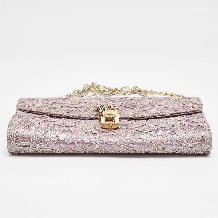 Pre Owned Dolce & Gabbana Pink Lace and Satin Padlock Chain Clutch