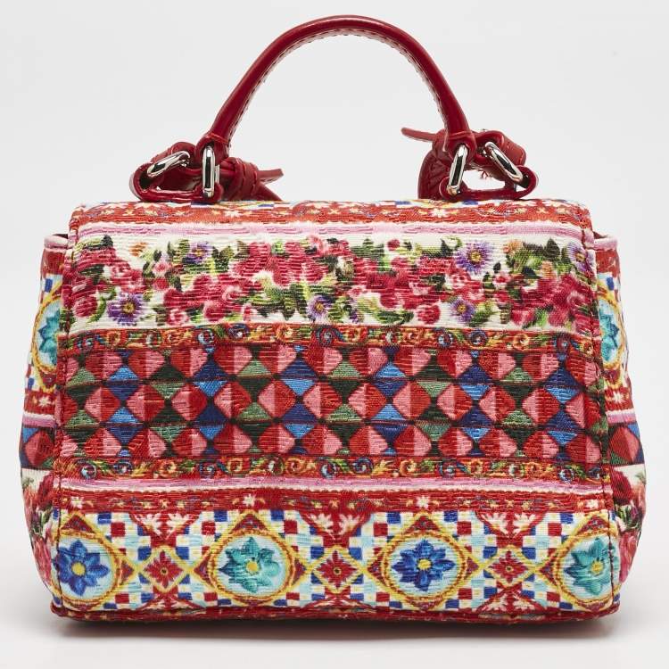 Pre Owned Dolce & Gabbana Bambino Red/Multicolor Fabric Mini Miss Sicily Top Handle Bag