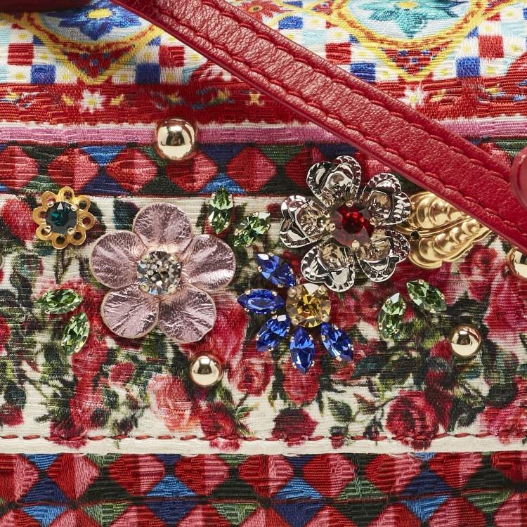 Pre Owned Dolce & Gabbana Bambino Red/Multicolor Fabric Mini Miss Sicily Top Handle Bag