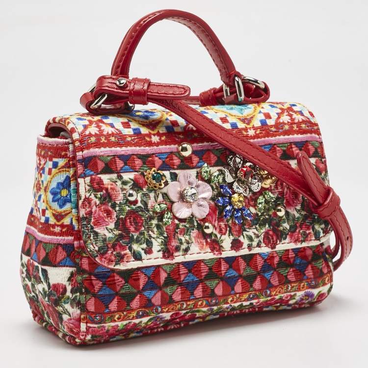 Pre Owned Dolce & Gabbana Bambino Red/Multicolor Fabric Mini Miss Sicily Top Handle Bag