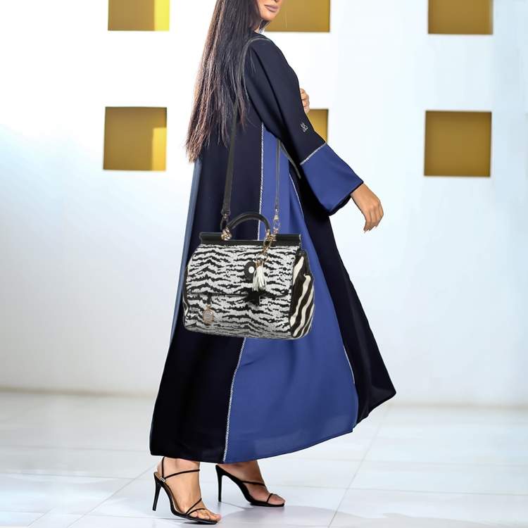 Pre Owned Dolce & Gabbana Black/White Sequins and Calf Hair Large Miss Sicily Top Handle Bag