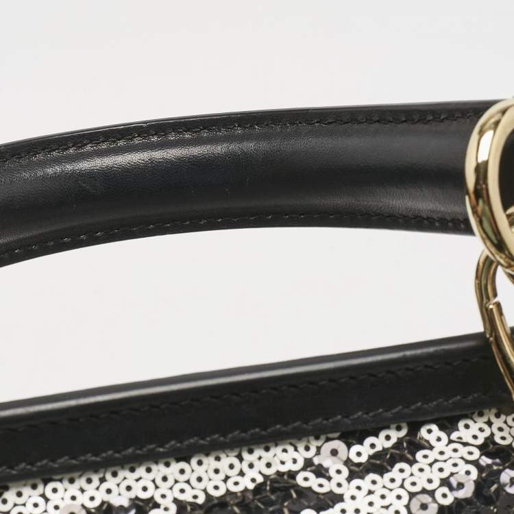 Pre Owned Dolce & Gabbana Black/White Sequins and Calf Hair Large Miss Sicily Top Handle Bag