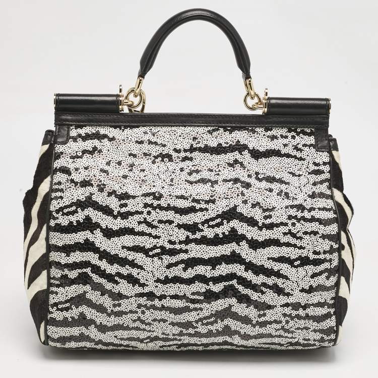 Pre Owned Dolce & Gabbana Black/White Sequins and Calf Hair Large Miss Sicily Top Handle Bag
