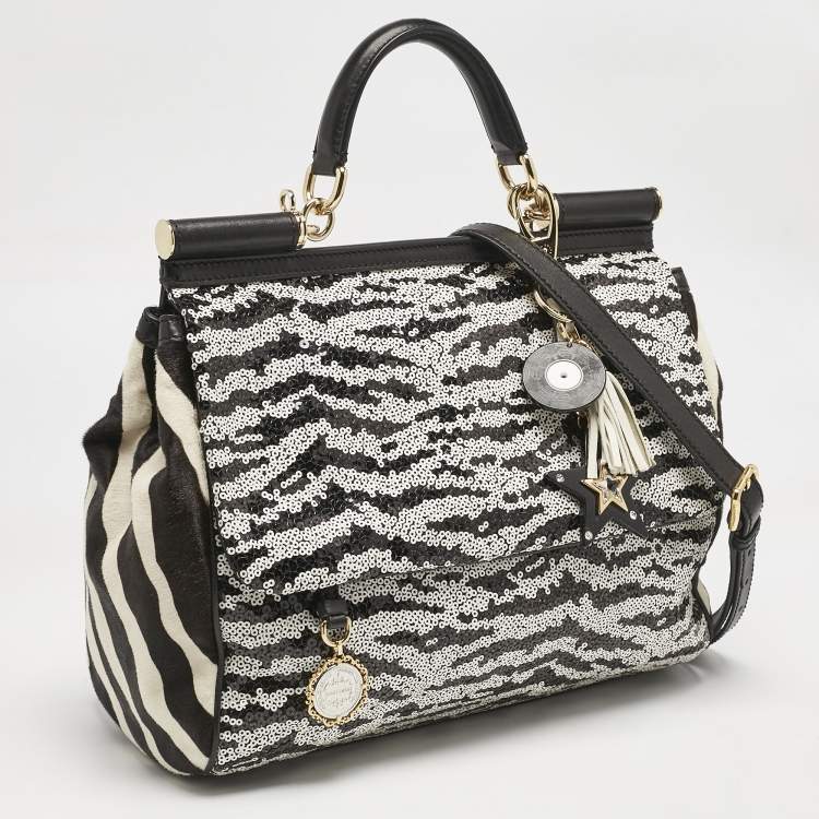 Pre Owned Dolce & Gabbana Black/White Sequins and Calf Hair Large Miss Sicily Top Handle Bag